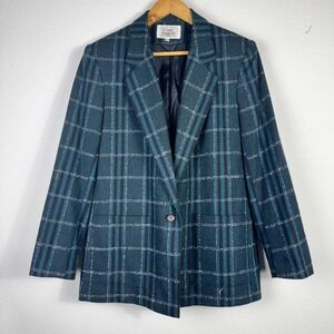 Classic Fashions Womens 90s Plaid Wool Blend Green Academia Blazer Sz 10